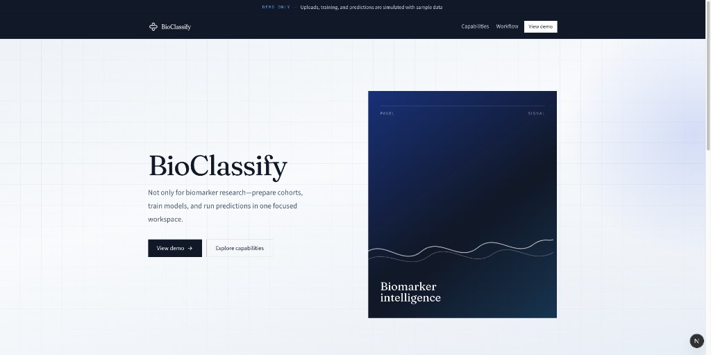 BioClassify landing page with biomarker intelligence hero