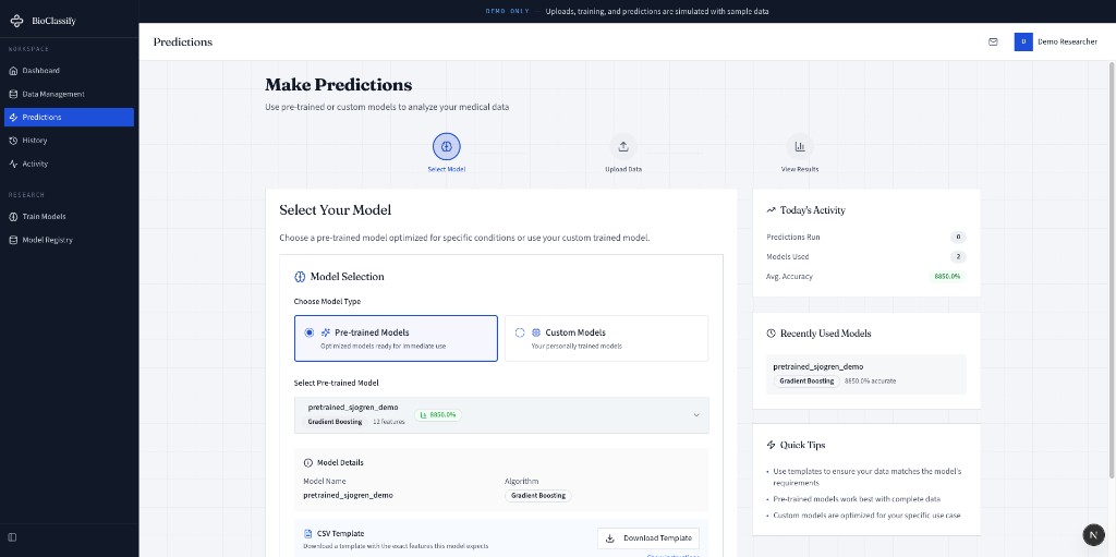 BioClassify predictions workspace for selecting models and uploading data