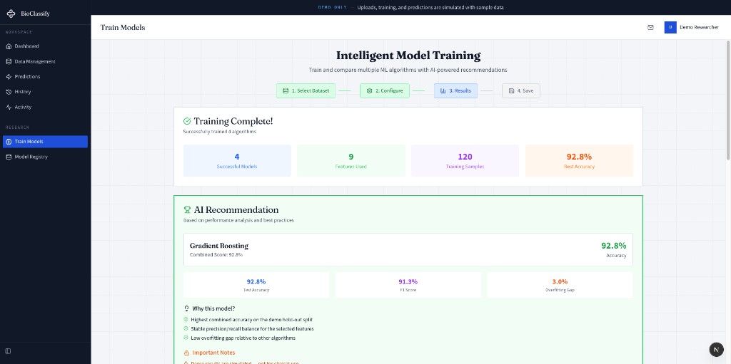 BioClassify model training results with AI recommendation