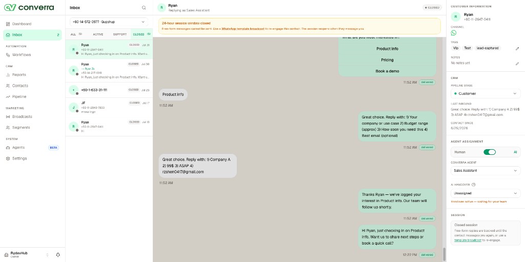 Converra WhatsApp inbox with AI agent and CRM sidebar