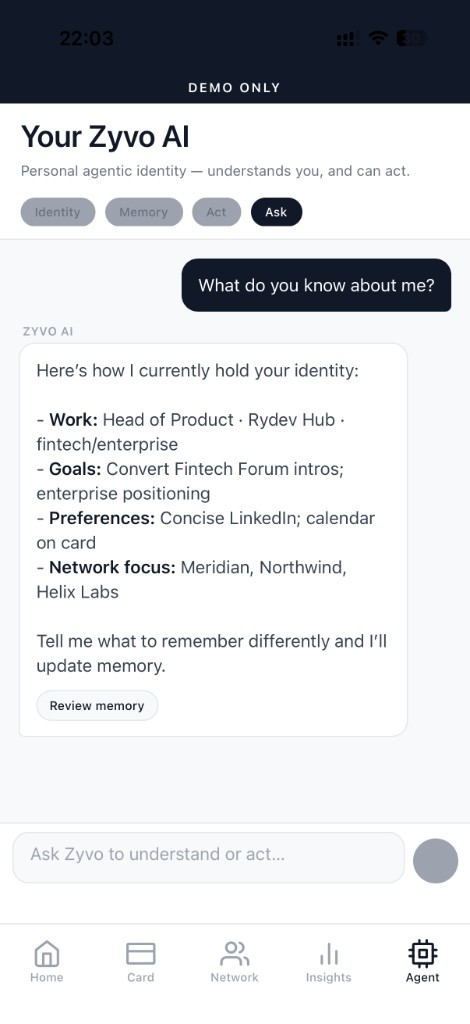 Zyvo AI agent summarizing identity memory and preferences