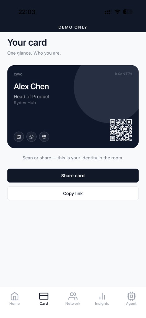 Zyvo digital identity card with share and QR